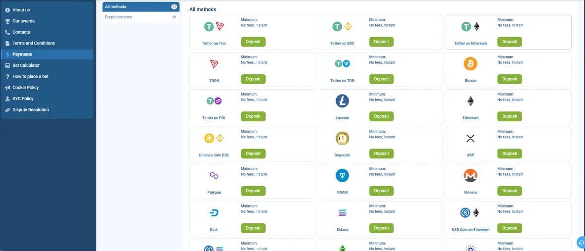 payment methods inside the 1xbet account area